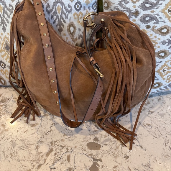 Michael Kors Rhea  Large Fringed Slouchy Dark Caramel Suede Shoulder Handbag - Picture 3 of 6